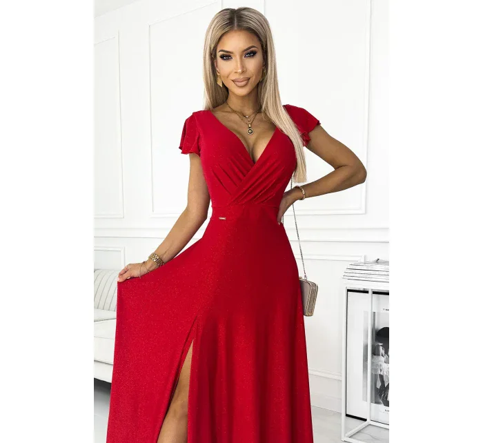 411-2 CRYSTAL lesklé dlouhé šaty s výstřihem - ČERVENÉ