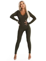 619-2 Pohodlný a elegantní dámský žebrovaný overal s výstřihem - khaki barva