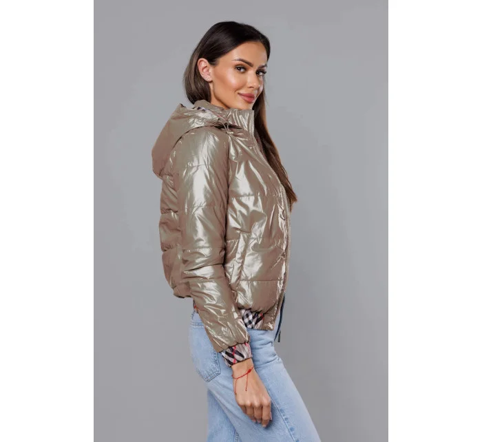 Krátká béžová dámská bunda s ozdobným lemováním (B8030-12)