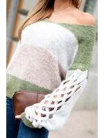 Dámský svetr pruhovaný s copánky na rukávech z vlny khaki + šedý Dámský svetr pruhovaný s copánky na rukávech z vlny khaki + šedý