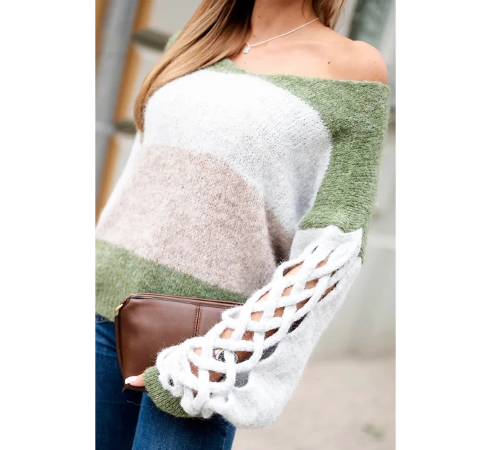 Dámský svetr pruhovaný s copánky na rukávech z vlny khaki + šedý Dámský svetr pruhovaný s copánky na rukávech z vlny khaki + šedý