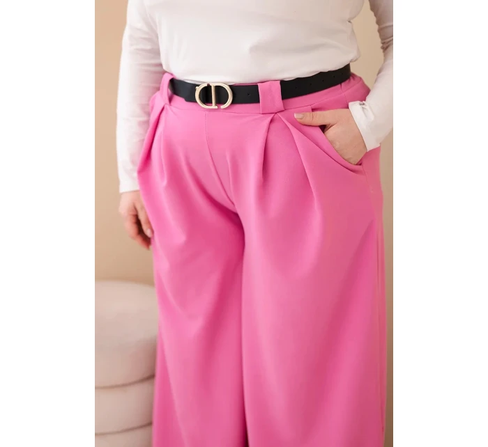 Dámské kalhoty Plus Size viskózové s širokým nohavicí a páskem růžové