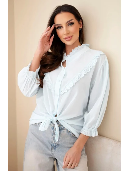 Dámská bavlněná košile s krajkou a vázáním modrá Dámská bavlněná košile s krajkou a vázáním modrá