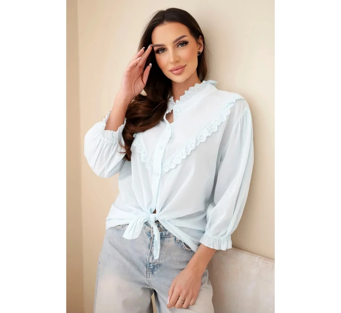 Dámská bavlněná košile s krajkou a vázáním modrá Dámská bavlněná košile s krajkou a vázáním modrá