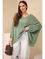 Dámský oversized model 22293714 svetr s výstřihem do V a delším zadním dílem khaki - K-Fashion