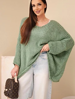 Dámský oversized průsvitný svetr s výstřihem do V a delším zadním dílem khaki