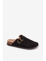 Dámské nazouvací pantofle s kožešinou a přezkou Sylisse – černé