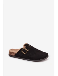 Dámské nazouvací pantofle s kožešinou a přezkou Sylisse – černé
