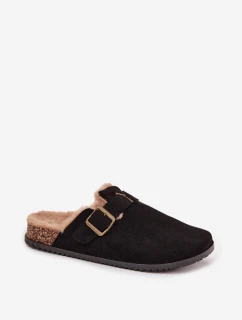 Dámské nazouvací pantofle s kožešinou a přezkou Sylisse – černé