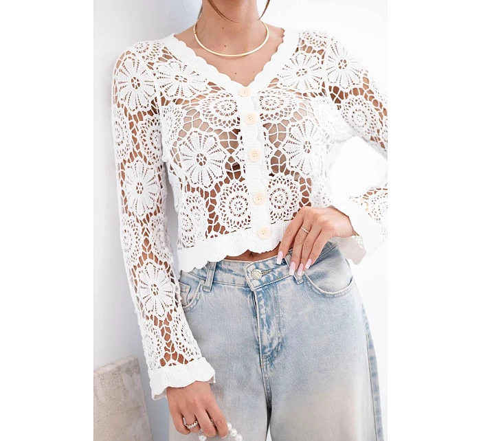 Dámský letní krajkový svetr s knoflíky a dlouhým rukávem černý