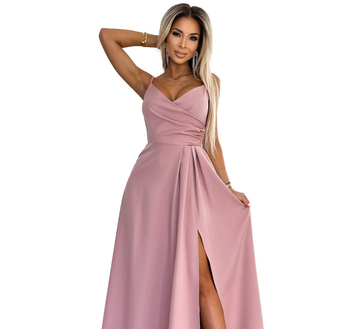 CHIARA - Elegantní dlouhé dámské maxi šaty na ramínkách ve špinavě růžové barvě 299-16