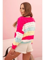 Dámský svetr s proužky a výstřihem do V v barvě fuchsie + žlutý