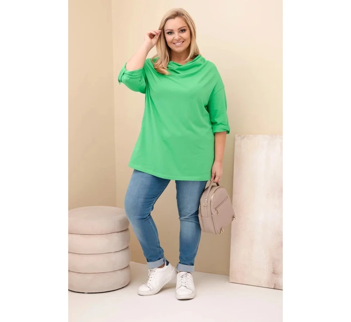 Dámská halenka Plus Size s bavlnou volného střihu s vodním výstřihem světle zelená