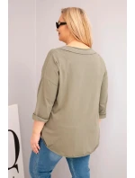 Dámská bavlněná blůza Plus Size s hlubokým výstřihem ve tvaru V a asymetrickým spodním okrajem khaki