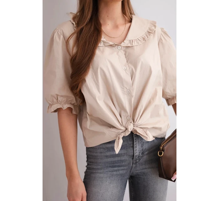 Dámská bavlněná košile s volánkem a vázáním béžová