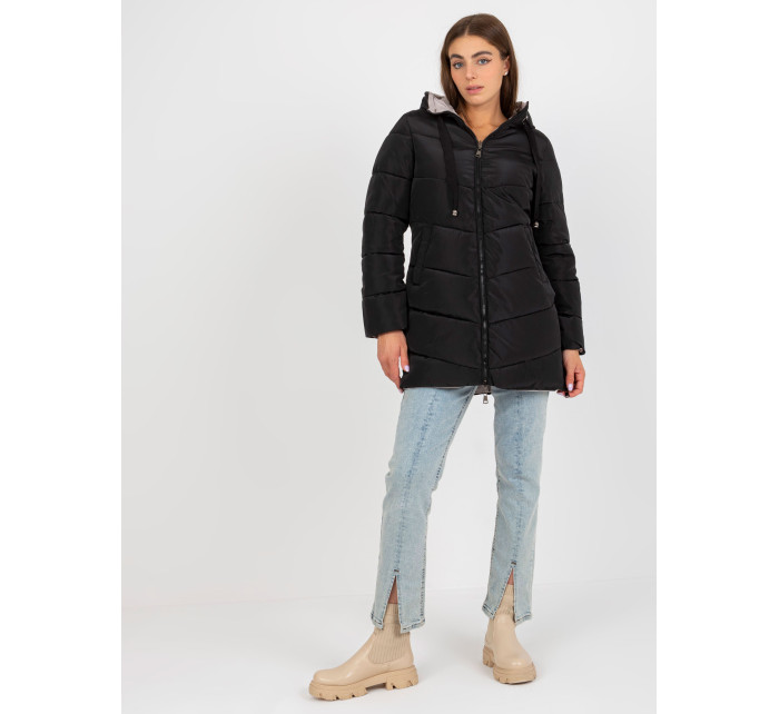 Černo-béžová oboustranná zimní bunda s kapucí