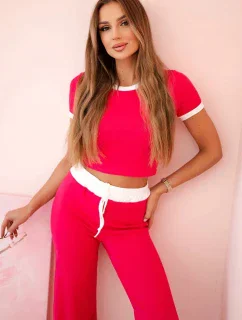 Žebrovaný komplet halenka + kalhoty se širokou nohavicí fuchsie