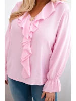 Dámská viskózová blůza Plus Size s volánem a ozdobnou broží model 21886485 růžová - K-Fashion