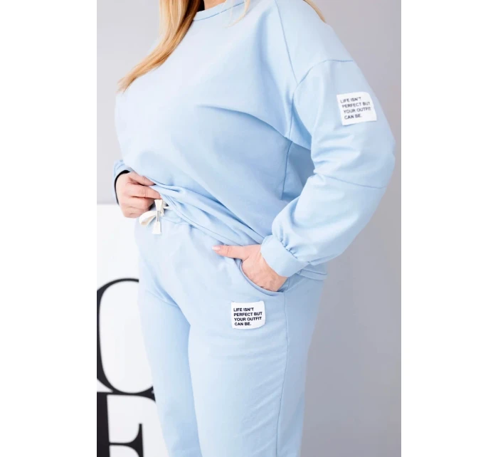 Dámská souprava Plus Size bavlněná s volnou mikinou a kalhotami s širokým nohavicí modrá