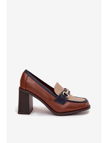 Dámské polobotky na sloupku s ražbou a zlatým detailem Novella – béžovo/hnědé Dámské polobotky na sloupku s ražbou a zlatým detailem Novella – béžovo/hnědé