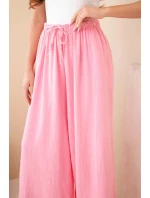 Dámské široké bavlněné kalhoty s gumou v pase cukrově růžová Dámské široké bavlněné kalhoty s gumou v pase cukrově růžová