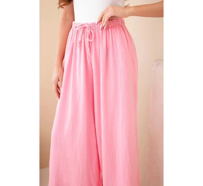 Dámské široké bavlněné kalhoty s gumou v pase cukrově růžová Dámské široké bavlněné kalhoty s gumou v pase cukrově růžová