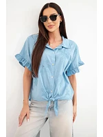 Dámská bavlněná košile model 22207091 s květinovou výšivkou džínová - K-Fashion Dámská bavlněná košile model 22207091 s květinovou výšivkou džínová - K-Fashion