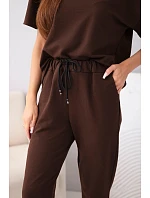 Dámský bavlněný komplet halenka s krátkým rukávem a teplákové kalhoty hnědý