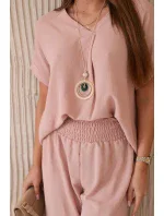 Komplet s náhrdelníkem halenka + kalhoty tmavě pudrově růžová Komplet s náhrdelníkem halenka + kalhoty tmavě pudrově růžová