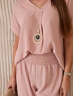 Komplet s náhrdelníkem halenka + kalhoty tmavě pudrově růžová