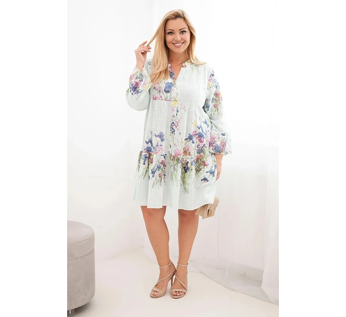 Dámské bavlněné šaty Plus Size s výstřihem do V a knoflíky, květinový vzor mátové