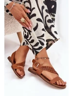 Dámské sandály z přírodní kůže na plochém podpatku Zazoo 3564 Camel Dámské sandály z přírodní kůže na plochém podpatku Zazoo 3564 Camel