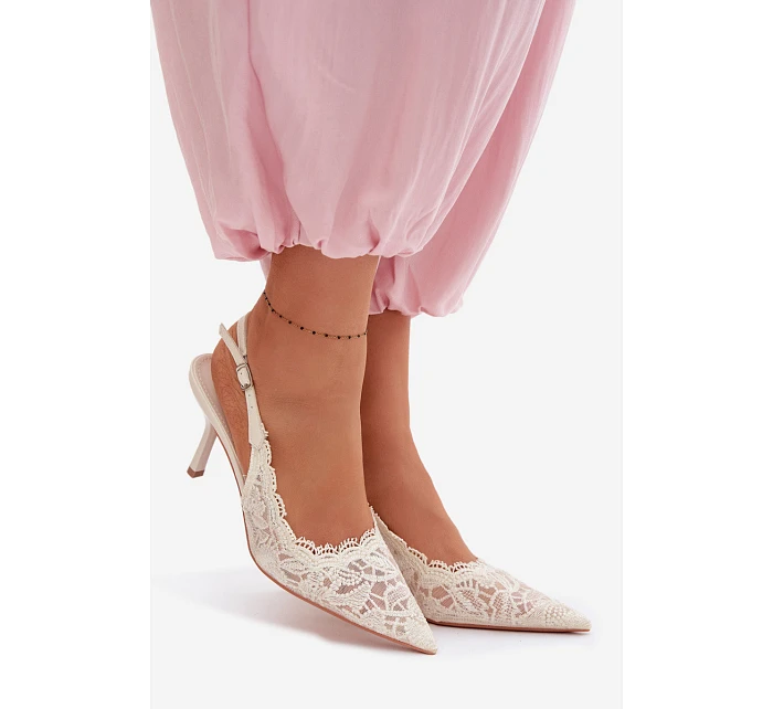 Krajkové Sandály na Podpatku Světle Béžové Carielle