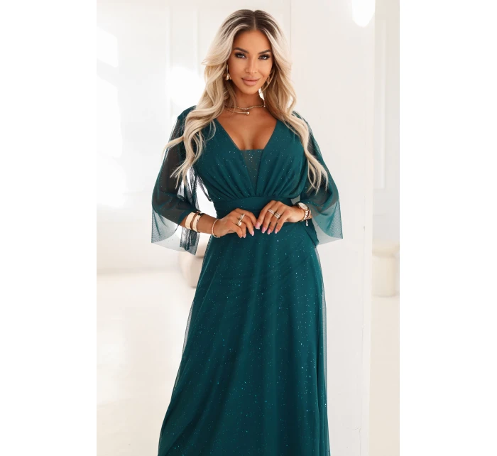 654-1 Dlouhé lesklé plus size šaty s výstřihem a průhlednými rukávy - lahvově zelené 654-1 Dlouhé lesklé plus size šaty s výstřihem a průhlednými rukávy - lahvově zelené