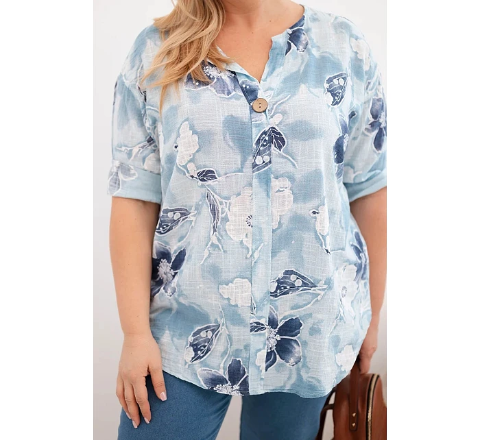 Dámská bavlněná halenka Plus Size s květinovým vzorem modrá