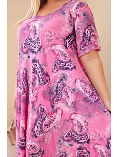 Dámské viskózové šaty ve velikosti Plus Size s krátkým rukávem a paisley vzorem tmavě růžová