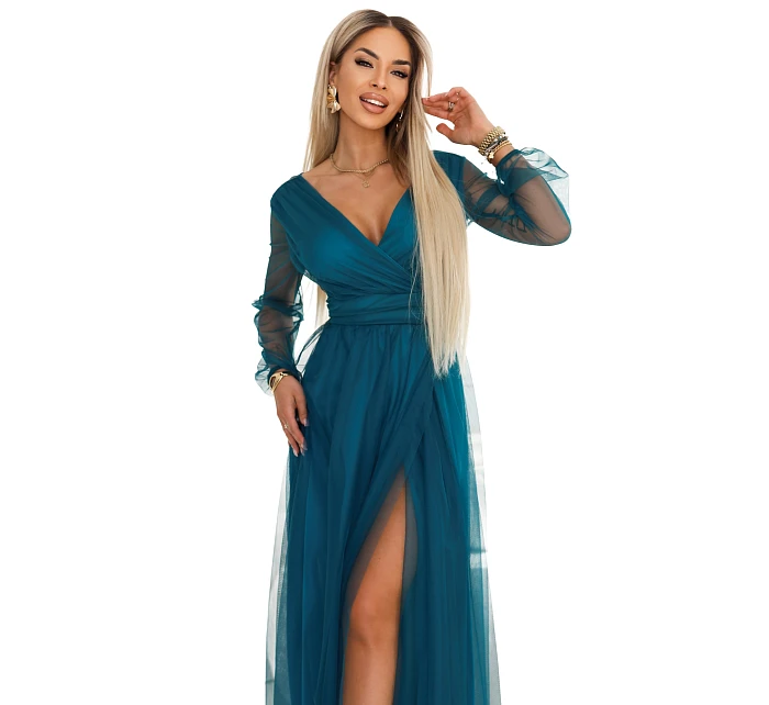 664-2 Dlouhé maxi šaty s tylovými rukávy a obálkovým výstřihem - lahvově zelené 664-2 Dlouhé maxi šaty s tylovými rukávy a obálkovým výstřihem - lahvově zelené