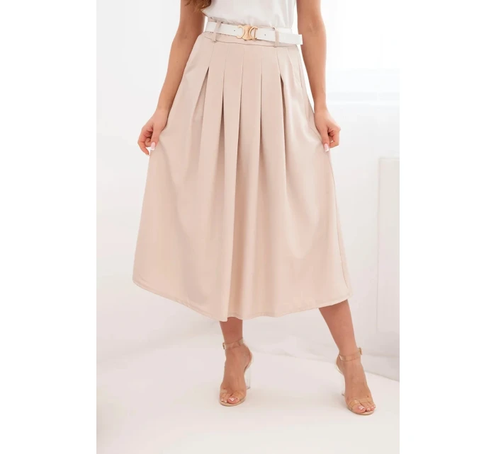 Dámská viskózová sukně s páskem a záhyby tmavě béžová