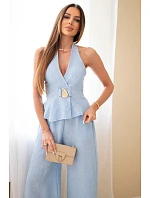 Dámský viskózový komplet model 22079427 top a kalhoty s širokými nohavicemi modrý - K-Fashion
