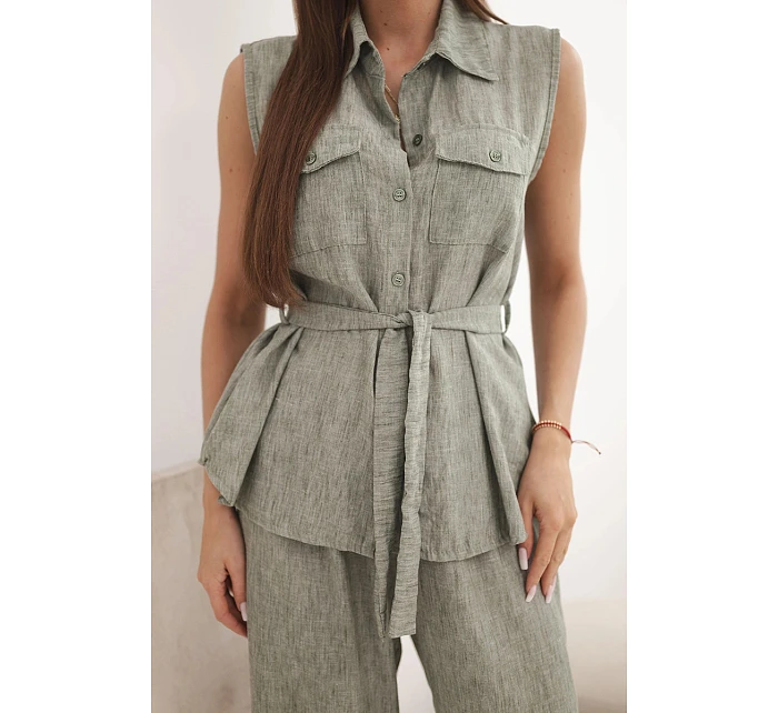 Dámský komplet se model 22104015 halenkou a širokými kalhotami khaki - K-Fashion Dámský komplet se model 22104015 halenkou a širokými kalhotami khaki - K-Fashion