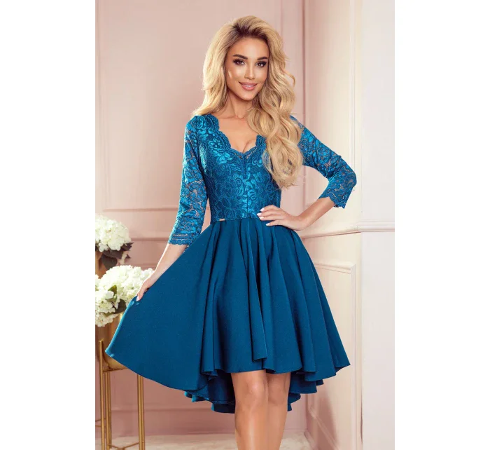 NICOLLE - Dámské šaty v mořské barvě s delším zadním dílem a s krajkovým výstřihem 210-14