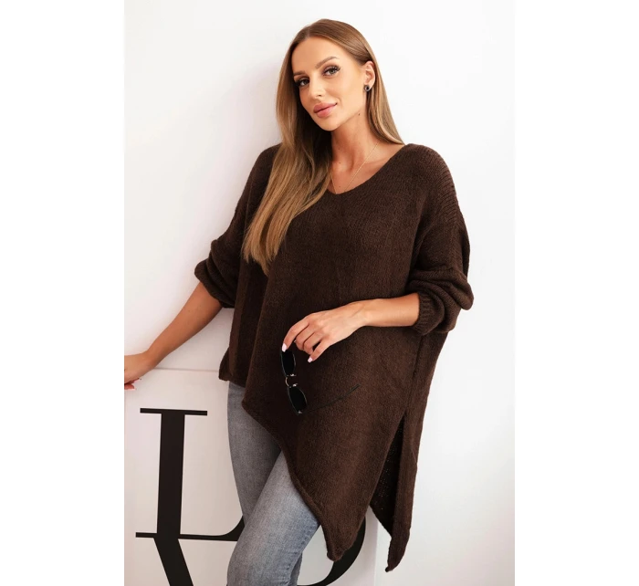 Svetr dámský vlněný asymetrický Plus Size s výstřihem do V hnědý Svetr dámský vlněný asymetrický Plus Size s výstřihem do V hnědý