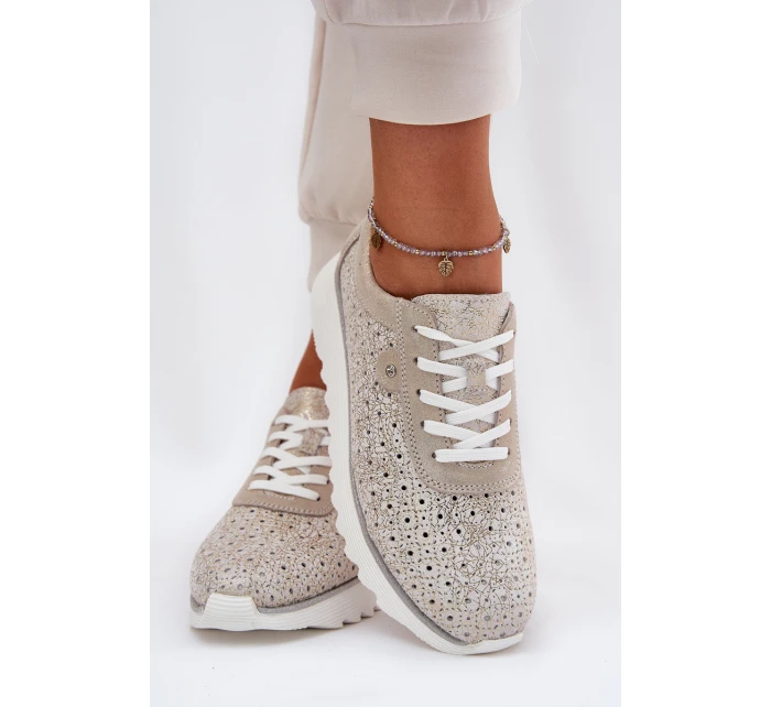Semišové perforované tenisky na platformě zlaté LR51-927