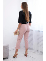 Viskózové kalhoty s ozdobným páskem pudrově růžové