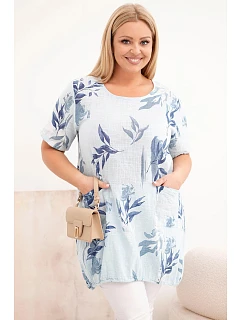 Dámská bavlněná halenka Plus Size s krátkým rukávem a zavazováním dole modrá