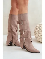 Kozačky Na Podpatku S Otočeným Svrškem A Přezkami Béžové Vamissa