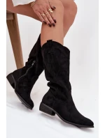 Dámské kozačky ve western stylu na nízkém podpatku Cherrie – černé, eko semiš Dámské kozačky ve western stylu na nízkém podpatku Cherrie – černé, eko semiš