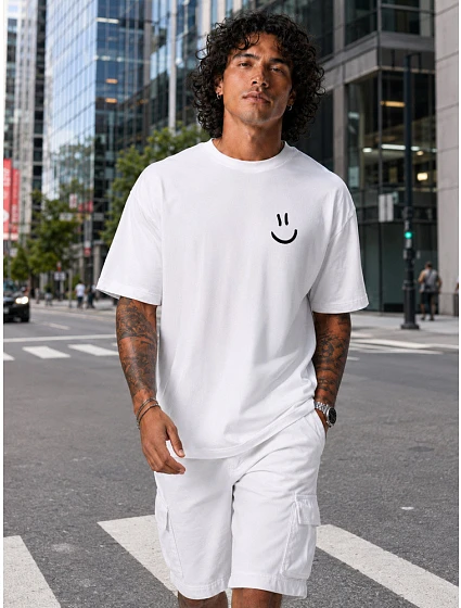 Pánské bavlněné tričko oversize s potiskem bílé FashionStreet NX1045R Pánské bavlněné tričko oversize s potiskem bílé FashionStreet NX1045R