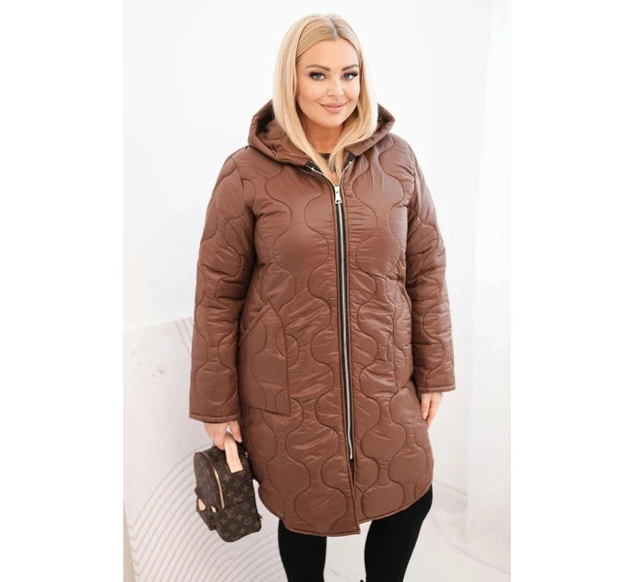 Dámská zimní prošívaná bunda Plus Size s kapucí čokoládová