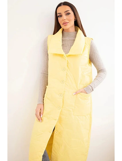 Dámská prošívaná dlouhá vesta s kapsami a stojáčkem žlutá